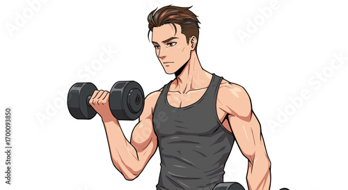 Fit Muscular Man Doing Bicep Curls With Dumbbells Isolated on White Background