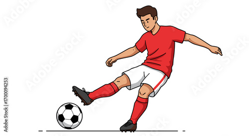 Athletic Soccer Player in Red Uniform Kicking Ball Dynamic Action on White Background