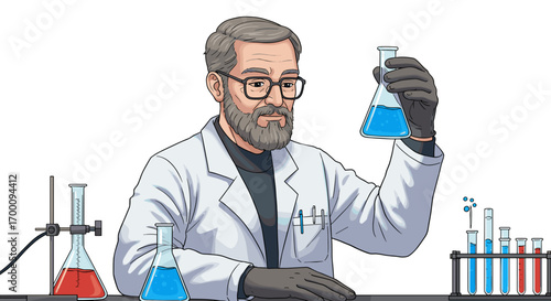 Scientist examining a blue liquid in a laboratory flask with a white background