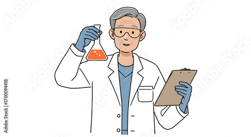 Mature scientist wearing lab coat and safety goggles holding a flask with orange liquid and a clipboard isolated on white background