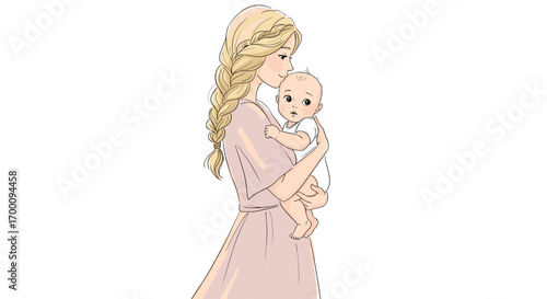 Beautiful Blonde Mother Tenderly Holds Her Adorable Baby Girl Isolated on White Background