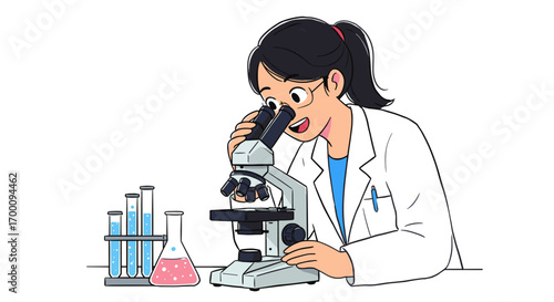 Young Woman Scientist Studying Sample Under Microscope in Laboratory Cartoon Illustration Isolated on White Background