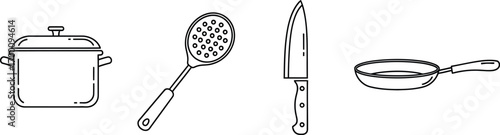 Kitchen utensil set featuring pot, slotted spoon, chefs knife, and frying pan in a minimalist line art style