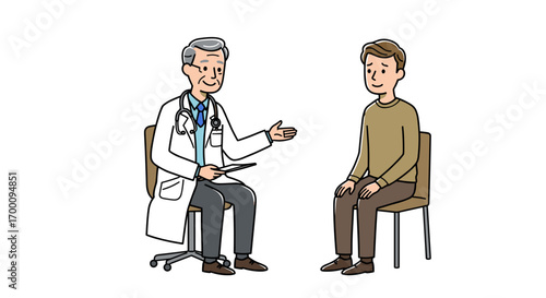 Doctor consulting worried patient sitting in clinic room consultation cartoon illustration