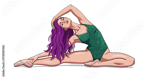 Graceful woman with purple hair in a green leotard performing an elegant yoga pose on a white background