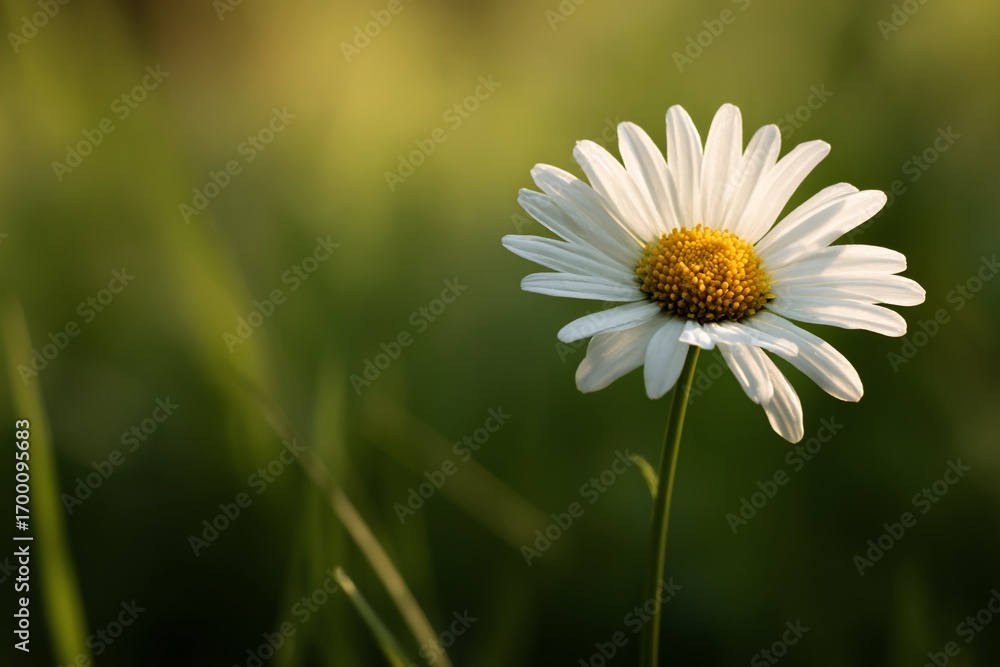 Obraz premium Delicate daisy with white petals & yellow center stands against soft green grassy background, sunlit