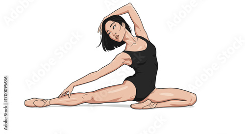 Elegant ballerina stretching in a black leotard isolated on white background conveying grace and flexibility