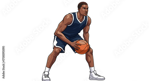 African American basketball player dribbling ball in sports uniform isolated on white background
