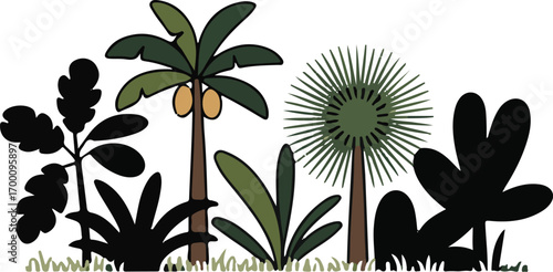 Jungle Plants Vector Illustration with Exotic Trees and Bushes Silhouette Design