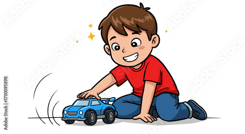 Happy Young Boy Playing with Blue Toy Car Indoors on White Background