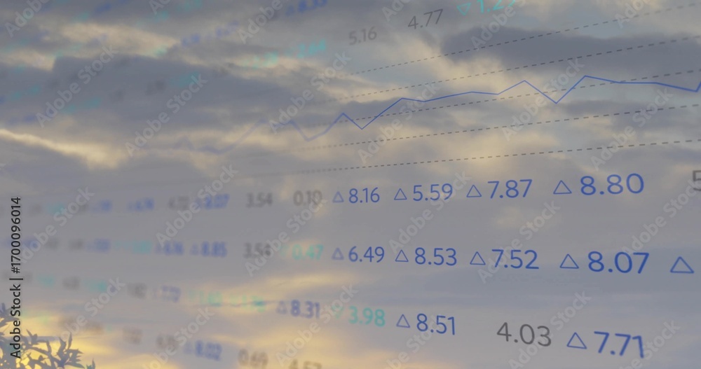 Obraz premium Displaying translucent financial line graph over dusk sky, with numerical values, deltas, gridlines