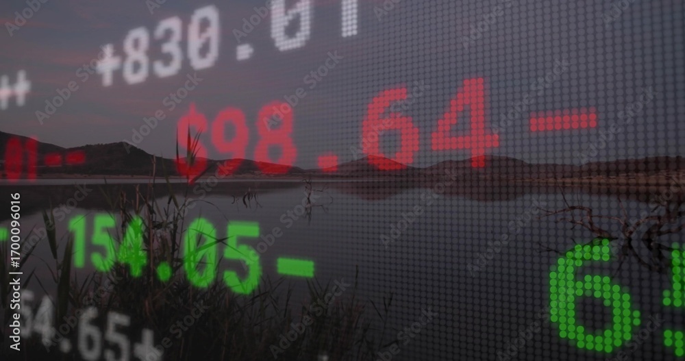Fototapeta premium Overlaying semi-transparent stock ticker display across lakeshore reeds at dusk, with stock numbers
