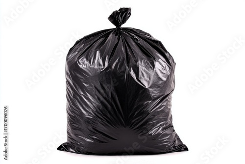 A sizable black waste bag filled to capacity with trash is situated on a nondescript background waiting for disposal