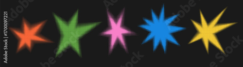 Set of abstract halftone multicolor textured shape. Retro gradient spiked circle stickers. Bursting explosion star.
