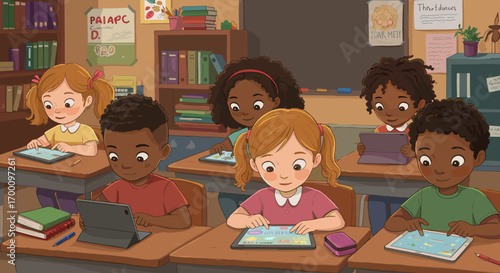 Diverse Young Students Engaged in Learning Using Digital Tablets in a Bright Classroom Setting