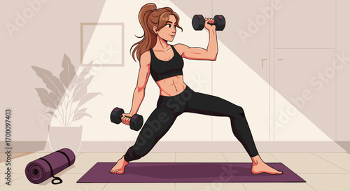 Cartoon woman performing strength training with dumbbells in a bright room workout