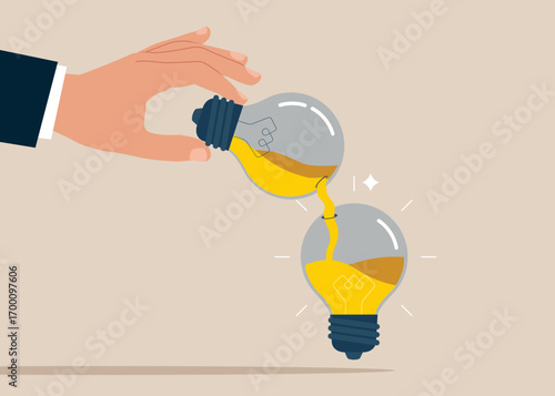Entrepreneur transfer idea to new lightbulb. Transfer information. Sharing idea and transfer wisdom. Creativity and innovation. Flat vector illustration.