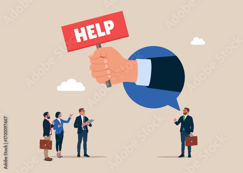 Crisis hotline. Hand holding placard with help text. Businessman with problem asking help or donations. Flat vector illustration