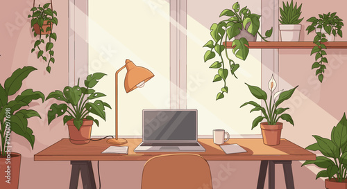 Cozy pixel art home office setup with a laptop and many green houseplants bathed in warm sunlight