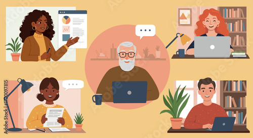 Diverse group of people learning and collaborating online through video conference calls and remote work sessions