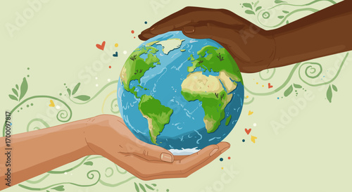Diverse Hands Caring for Planet Earth Symbolizing Global Unity and Environmental Protection Efforts