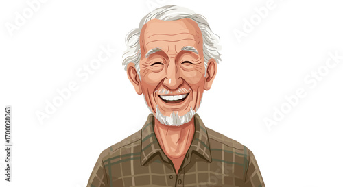 Cheerful Elderly Man With White Hair And Beard Smiling Brightly Isolated On White Background