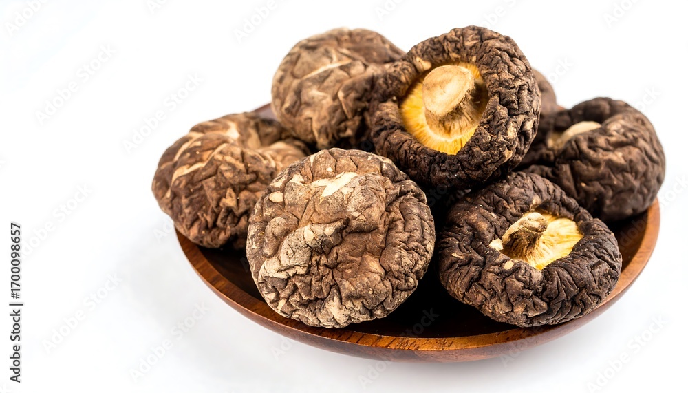Obraz premium Dried shiitake mushrooms on a wooden plate (1)