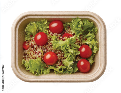 Healthy Quinoa Salad with Cherry Tomatoes and Fresh Lettuce in a Compostable Container Isolated on White