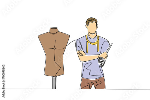 A young man tailor stands with mannequin and scissors in single line drawing style, emphasizing tailoring business concept, garment craft, and recognition of artisans on National Tailors Day.