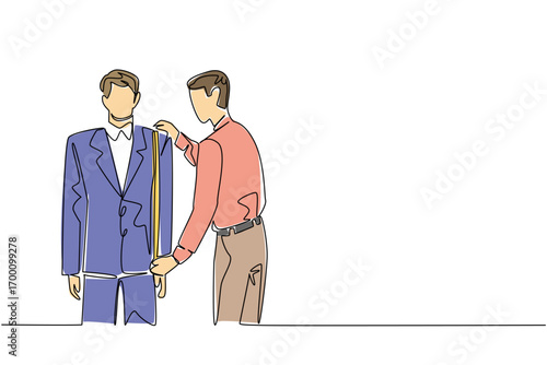 A young man tailor measures client in formal suit using tape in single line drawing style, highlighting business concept of bespoke tailoring and dedication to craft for National Tailors Day.