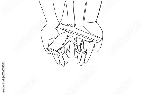 Two hands hold a pistol illustrated in one line drawing style. The safety concept represents National SAFE Day, spreading awareness about responsibility, prevention, protecting children from danger