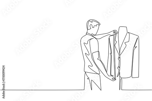 Continuous line drawing illustrates a male tailor adjusting a suit jacket on a mannequin, symbolizing bespoke fashion concept for National Tailors Day, celebrating skill, craft, and clothing design
