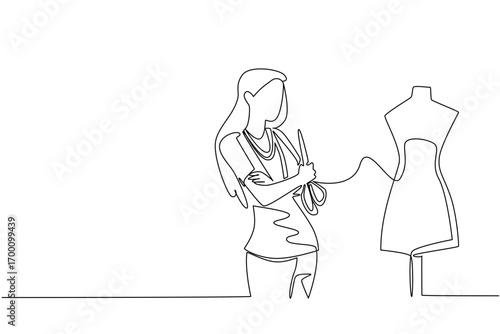 One line drawing shows a female tailor holding scissors beside a mannequin, highlighting fashion design concept for National Tailors Day, symbolizing precision, creativity, and handmade craftsmanship