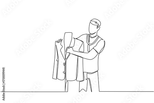 Single line drawing depicts a male tailor examining a suit jacket on a mannequin, representing tailoring industry concept for National Tailors Day, honoring craftsmanship, design, and bespoke app