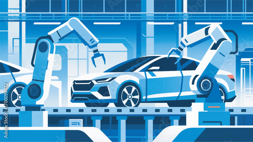 illustration of a very modern car assembly plant with robots vector design template
