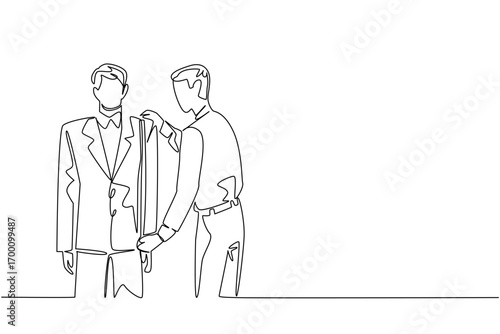 Single line drawing depicts a male tailor adjusting a man’s suit, representing bespoke fashion industry concept for National Tailors Day, celebrating craftsmanship, precision, and creative tailor