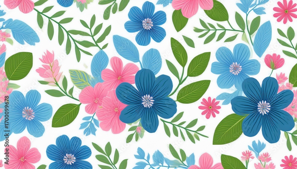 floral pattern design featuring blue and pink flowers with green leaves on white background creating fresh and vibrant look