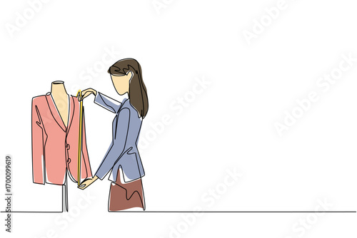 A woman tailor measures blazer on mannequin using tape in single line drawing style, showcasing tailoring business concept, skilled garment craft, and honoring artisans for National Tailors Day.