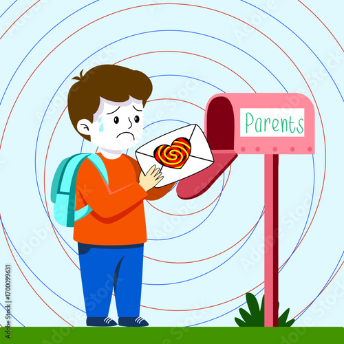 sad child holding a heart-shaped letter trying to post it into a closed mailbox labeled “Parents,” symbolizing emotional distance, lack of communication, and family issues