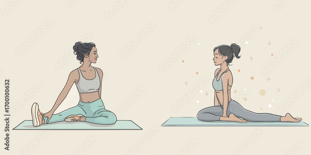 Fototapeta premium Two women perform yoga poses on exercise mats in a peaceful setting.