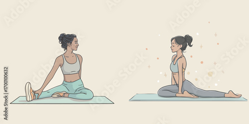 Two women perform yoga poses on exercise mats in a peaceful setting.