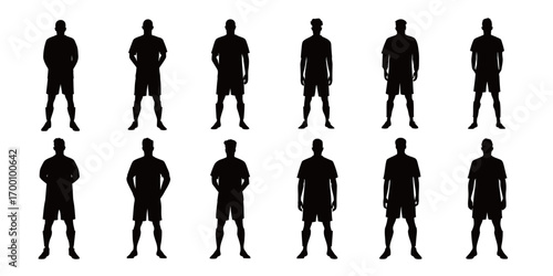 Silhouettes of male soccer players stand in various dynamic poses, illustrating athleticism and energy for sports-related design projects. The design emphasizes movement.
