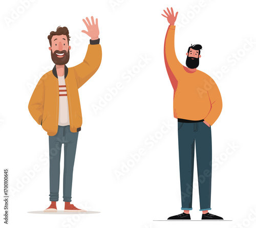 Two animated characters with beards wave cheerfully. One wears a yellow jacket and the other dons an orange sweater, both showcasing casual style.