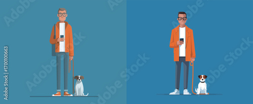 Two men are standing side by side in a bright blue background, each with a dog beside them.