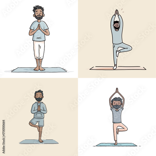 A man performs various yoga poses illustrating balance and tranquility. The setting is bright and peaceful, perfect for mindfulness and exercise.