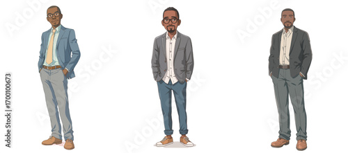 Three men display modern fashion in tailored suits, standing in relaxed postures. The setting emphasizes style and confidence with a minimalist background.