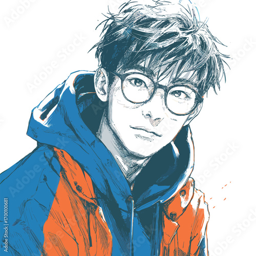 A young man with tousled hair and glasses smiles while wearing a vibrant hoodie. The artistic depiction highlights his expressive gaze against a plain background.