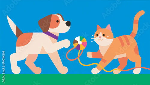 illustration of a dog and cat playing together with a ball vector design template