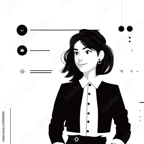 A confident woman stands with a slight smile, dressed in a stylish black and white outfit. Geometric shapes and digital icons surround her, creating a modern feel.