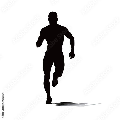 A male figure sprints energetically, showing strong muscles and a determined posture. The silhouette contrasts sharply with the white backdrop, emphasizing movement.
